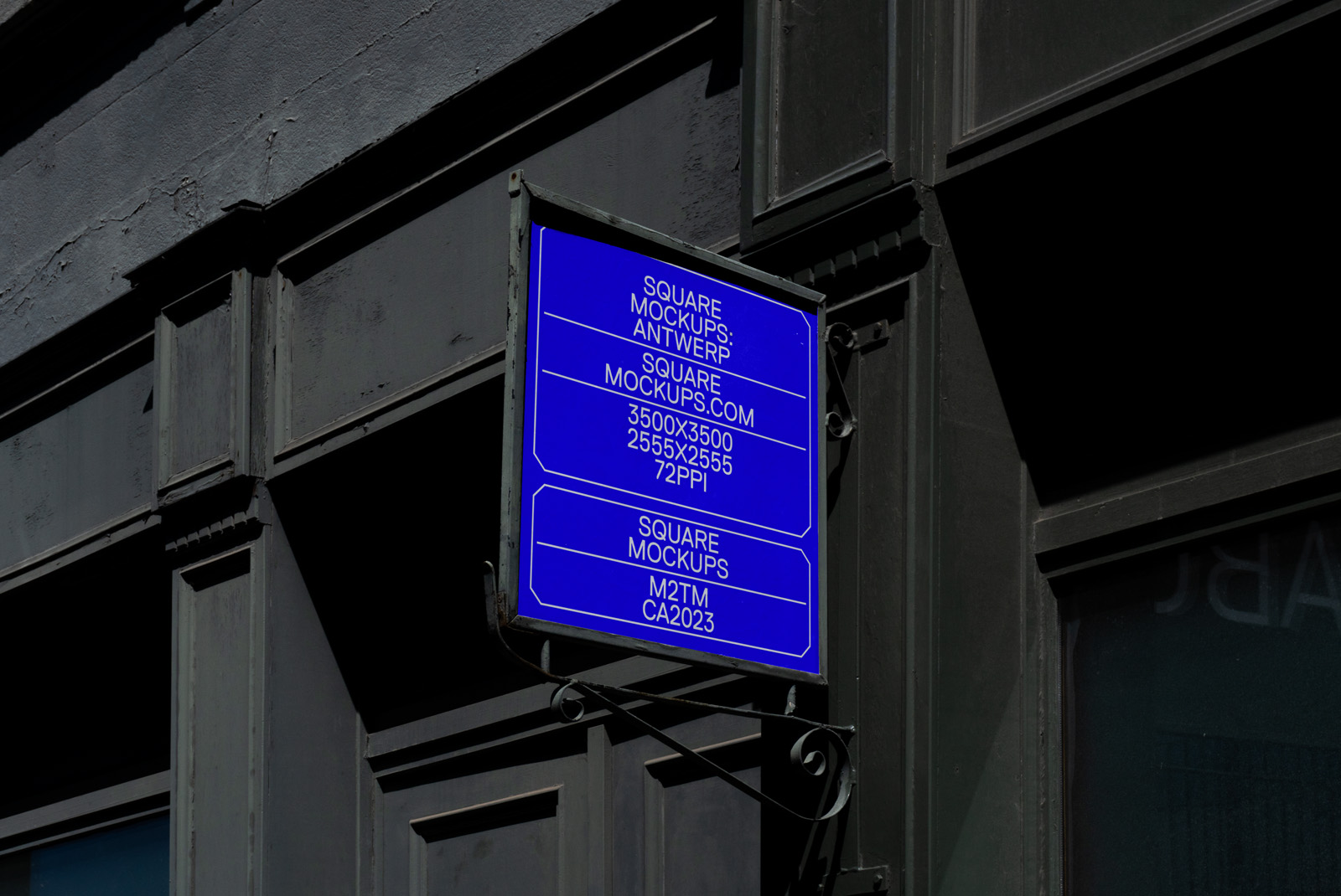 Blue street sign mockup attached to a dark building exterior, editable for branding and design presentations, visible resolution and size info.